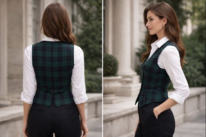 Woman wearing a plaid vest over a white shirt and black pants, standing in an outdoor setting.
