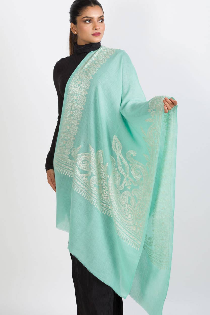 Merino Wool Embroidered Shawl Wrap – Mint Green 78"×28" (198×71 cm), Lightweight 170 g, Kashmir-Inspired Border – Cozy Autumn/Winter Scarf & Evening Stole