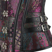 Close-up of a patterned bag with buckles and straps