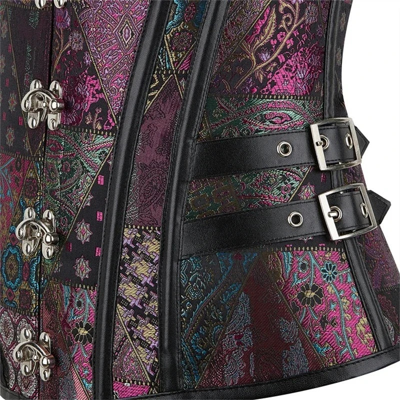 Close-up of a patterned bag with buckles and straps