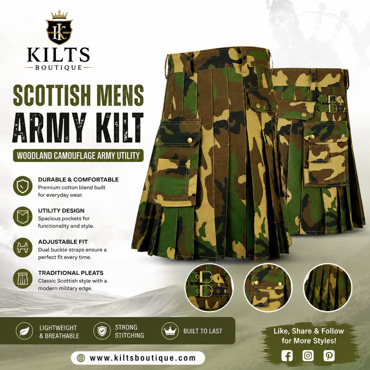 Scottish Men's Woodland Camouflage Army Utility Kilt | Cotton Blend Tactical Cargo Kilt