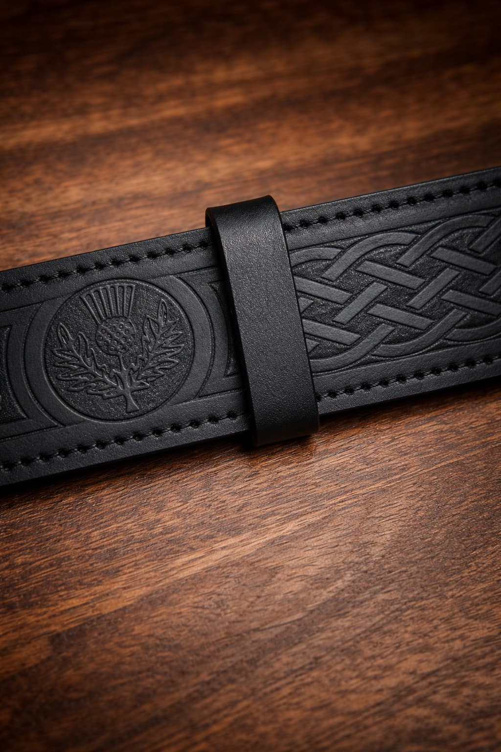 Black Leather Kilt Belt Celtic Embossed Scottish Thistle Highland Belt
