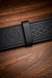Black Leather Kilt Belt Celtic Embossed Scottish Thistle Highland Belt