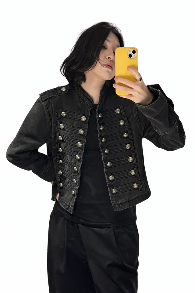 Black Military Denim Jacket for Women, Cropped Fitted Jacket with Silver Buttons