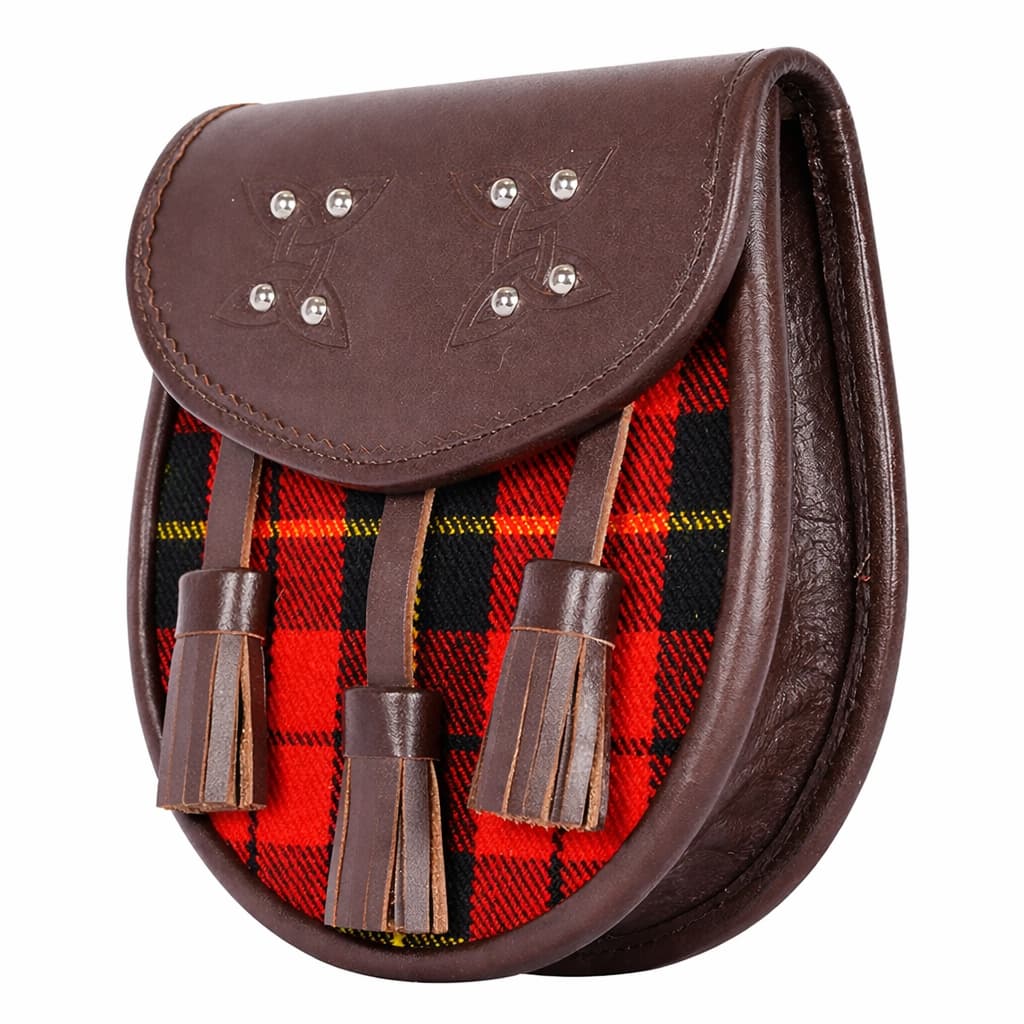 Clan Wallace Tartan Leather Sporran with Tassels – Brown Celtic Embossed Kilt Pouch – Traditional Scottish Highland Dress Accessory
