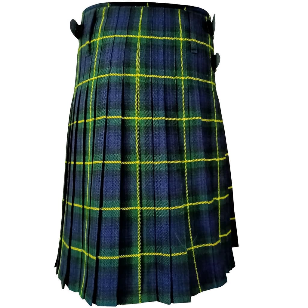 Left side view — Gordon tartan kilt with belt and pleats, men’s Scottish Highland kilt