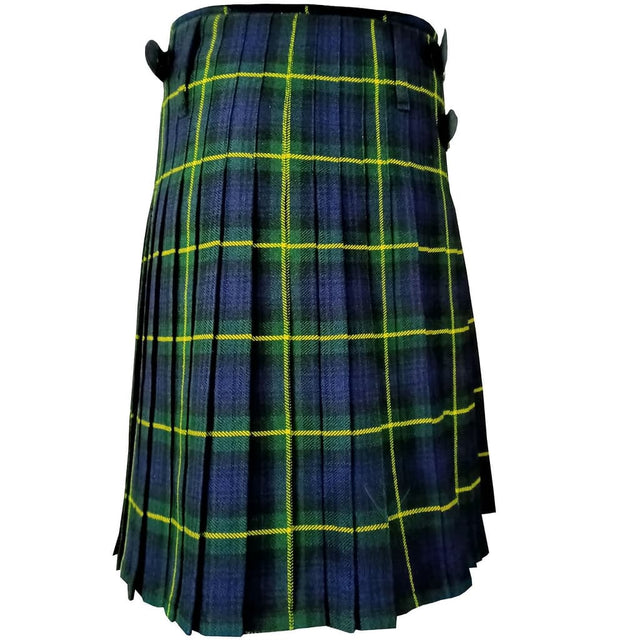 Left side view — Gordon tartan kilt with belt and pleats, men’s Scottish Highland kilt