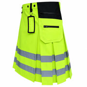 Neon Green Hi-Vis Utility Work Kilt for Men | Reflective Safety Tape Workwear Kilt with Cargo Pockets