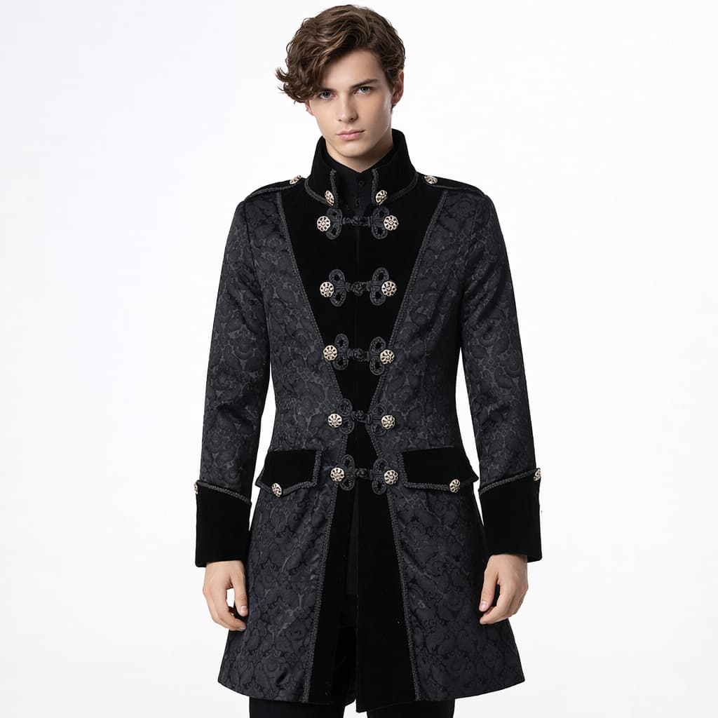 Men’s Black Gothic Victorian Coat – Brocade Tailcoat with Velvet Trim