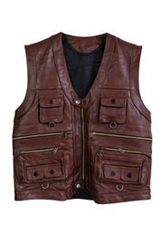 Men’s Slim Fit Genuine Cowhide Leather Vest – Multi Pocket Real Leather Waistcoat