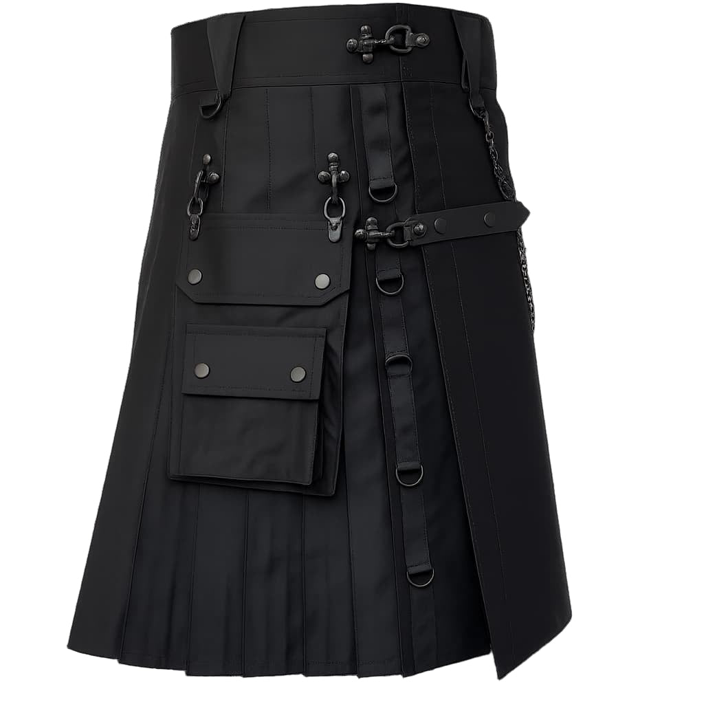 Black Gothic Utility Kilt with Chains & Cargo Pockets – Men’s Punk/Rave Steampunk Kilt