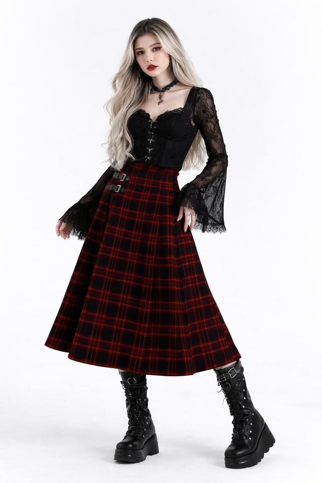 Womens Red Plaid Wool Blend Long Skirt High Waist A Line Gothic Autumn Winter Skirt