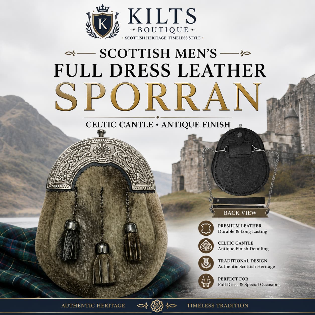 Scottish Men's Full Dress Leather Sporran with Celtic Cantle Antique Finish | Traditional Highland Kilt Accessory