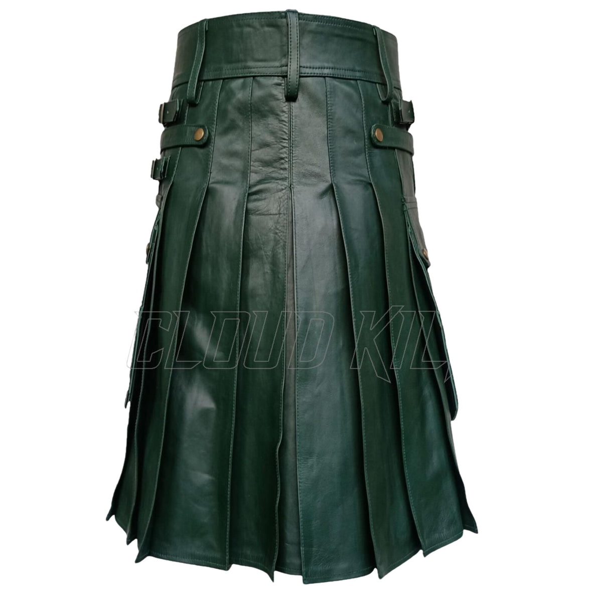 Men's Green Leather Kilt with Sporran – Handmade Real Leather Scottish Highland Kilt 24" Drop | Made to Order
