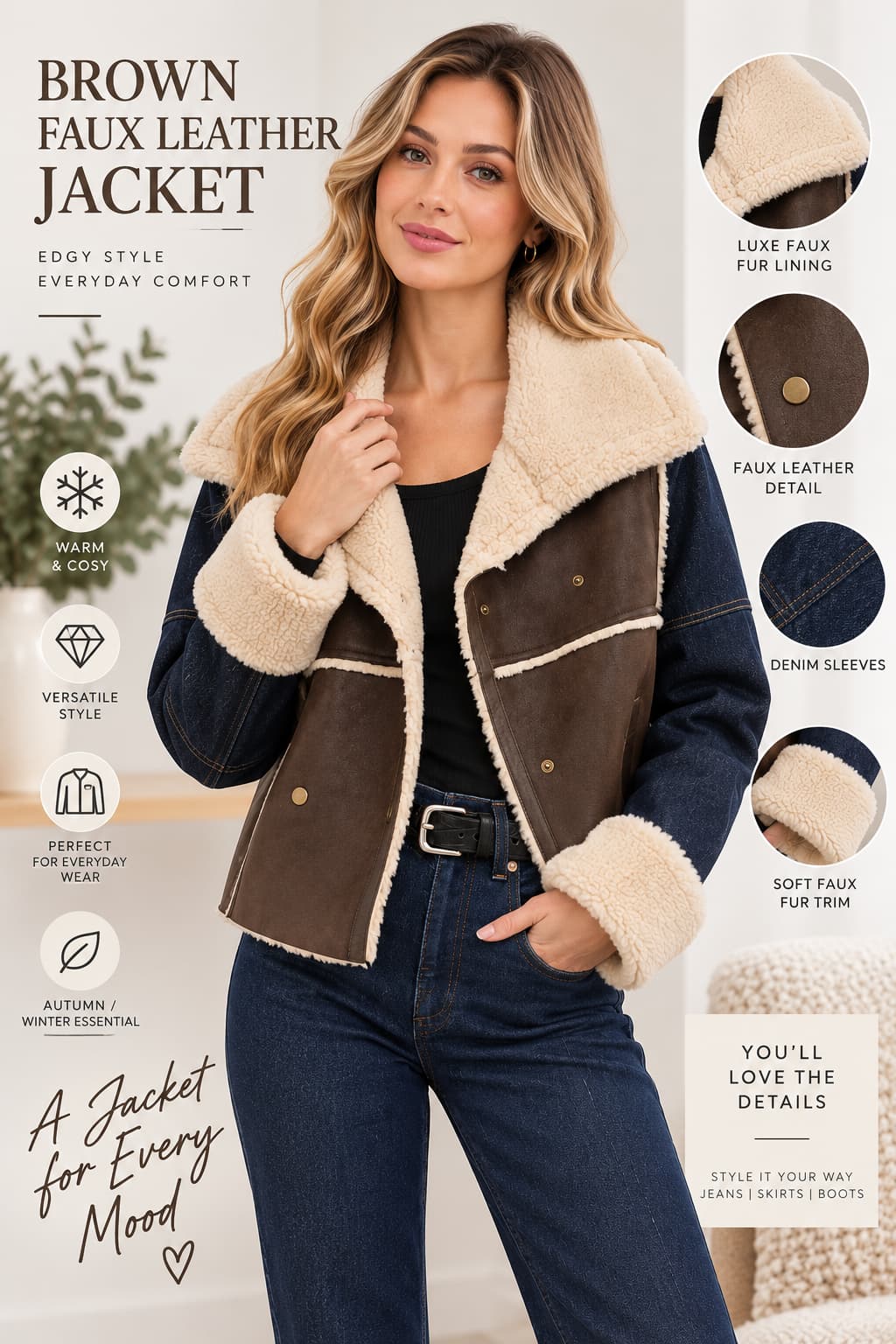 Women’s Brown Faux Leather Shearling Jacket with Denim Sleeves