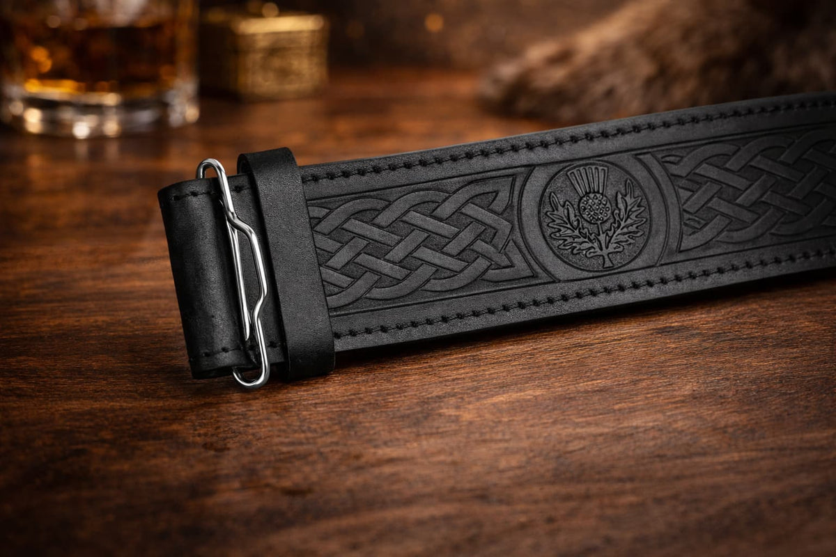 Black Leather Kilt Belt Celtic Embossed Scottish Thistle Highland Belt