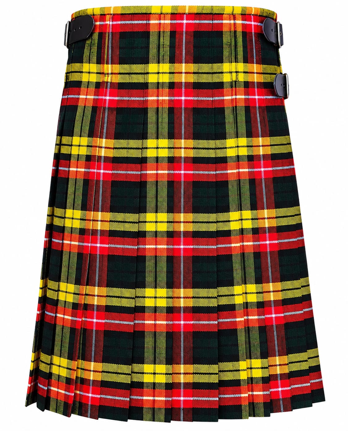 Buchanan Modern Tartan Kilt in vibrant yellow, red, and green plaid with traditional pleated styling Back