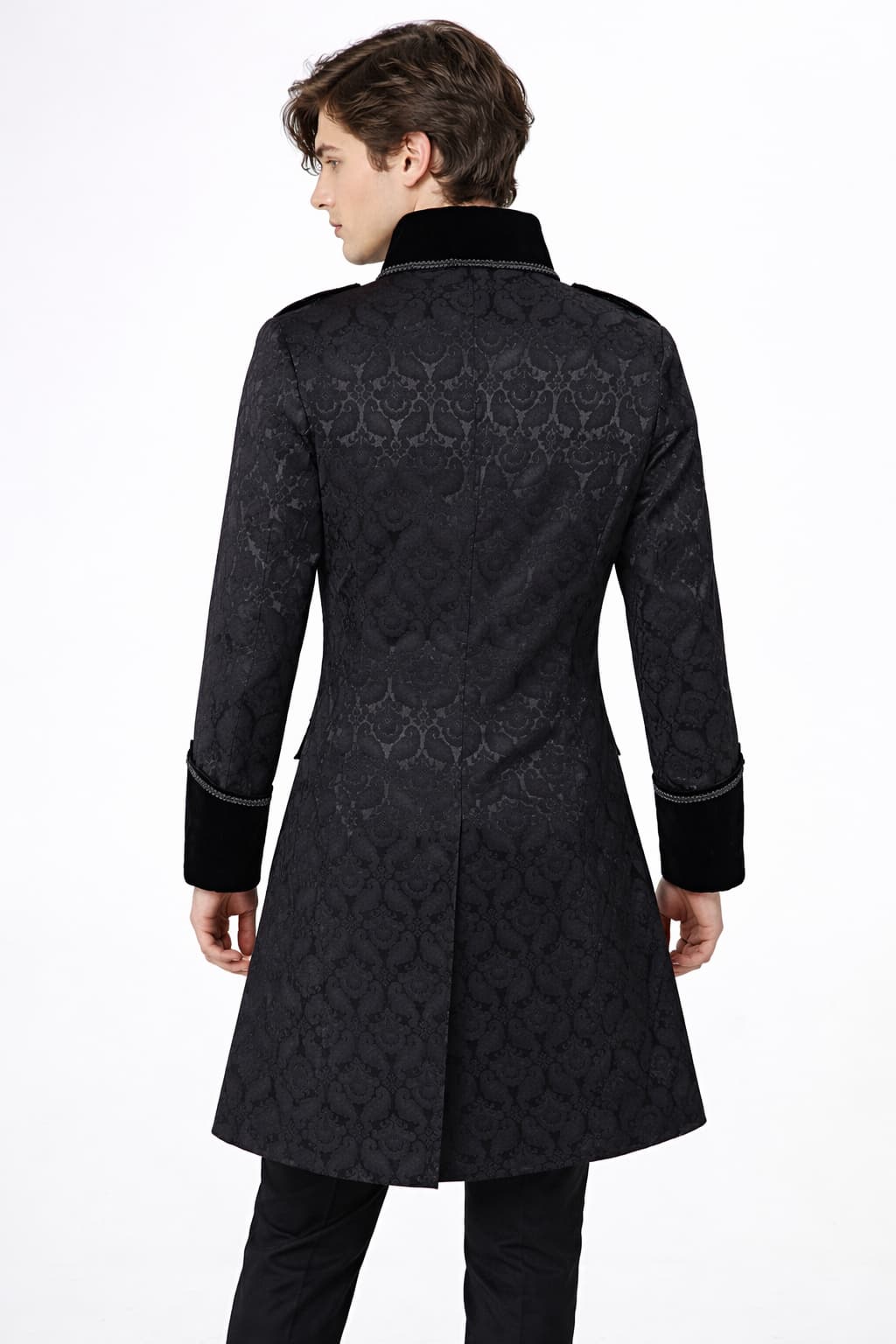 Men’s Black Gothic Victorian Coat – Brocade Tailcoat with Velvet Trim