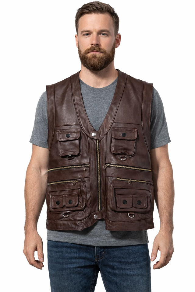 Men’s Slim Fit Genuine Cowhide Leather Vest – Multi Pocket Real Leather Waistcoat