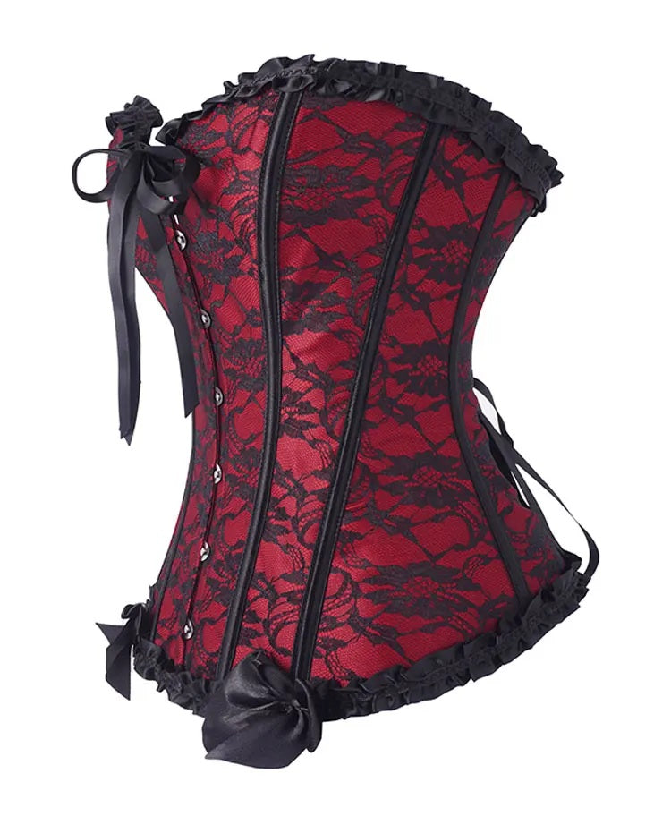 Women’s Red & Black Gothic Overbust Corset with Lace, Ruffles & Bows