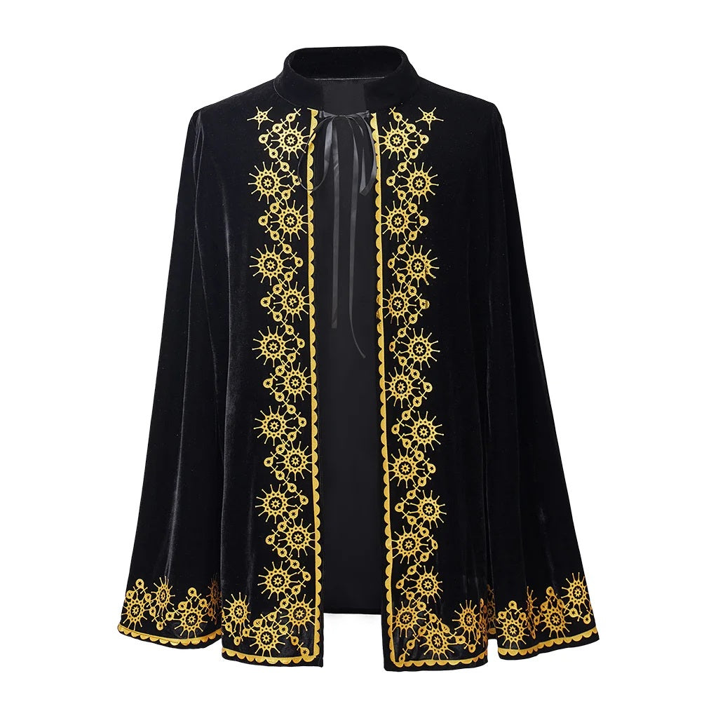 Men’s Medieval King Prince Black Velvet Cape Gold Print Halloween Costume