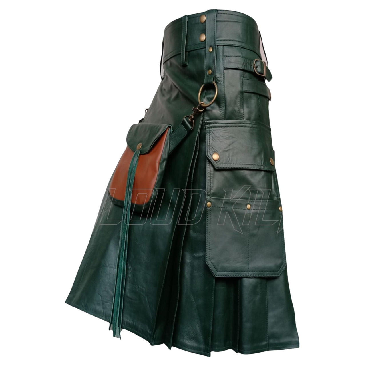 Men's Green Leather Kilt with Sporran – Handmade Real Leather Scottish Highland Kilt 24" Drop | Made to Order