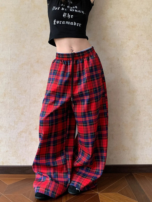 Women's Red Tartan Wide Leg Baggy Trousers, High Waist Plaid Joggers, Oversized Check Lounge Pants with Pockets
