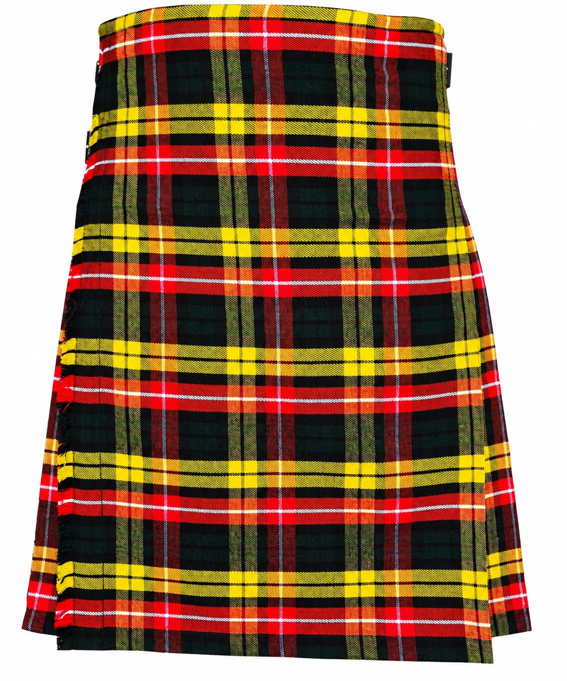 Buchanan Modern Tartan Kilt in vibrant yellow, red, and green plaid with traditional pleated styling Front