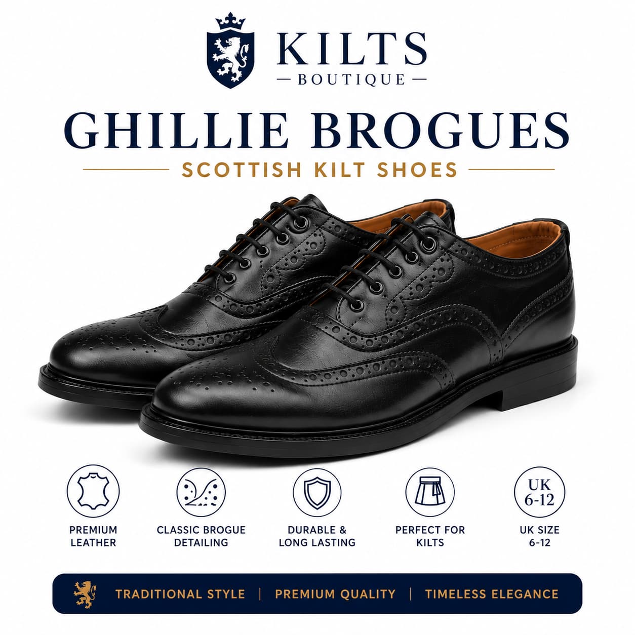 Ghillie Brogues Scottish Kilt Shoes for Men Black Leather Formal Dress Shoes UK Size 6-12