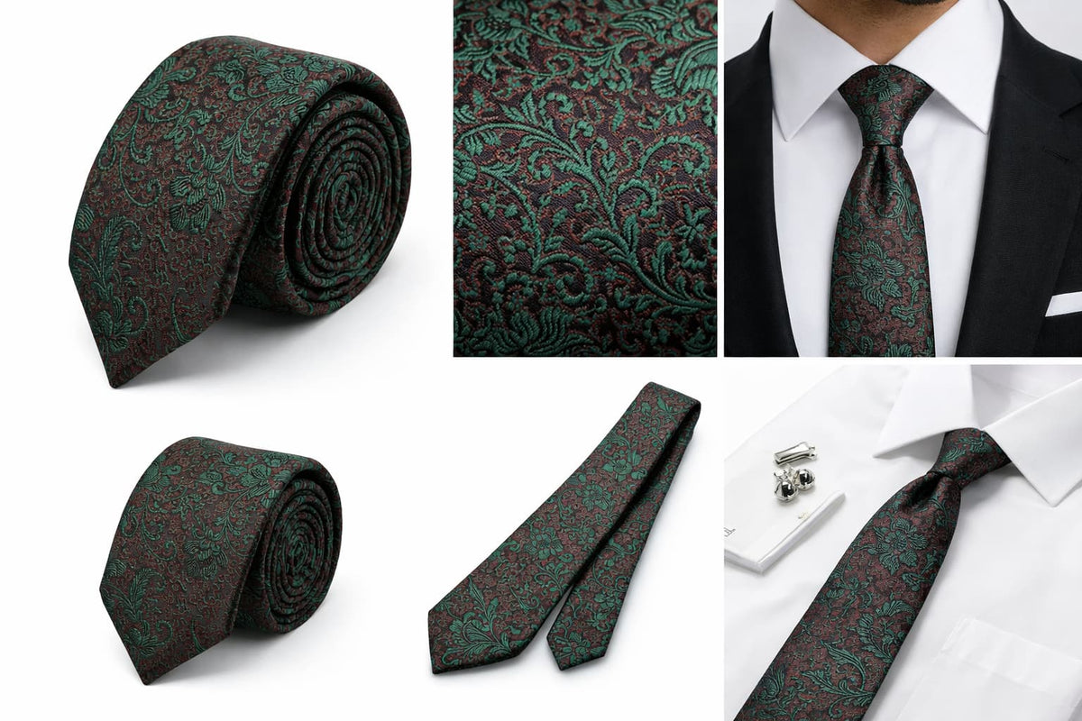 Men’s Paisley Slim Tie Green Burgundy Floral Necktie