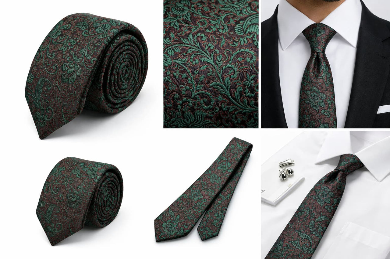 Men’s Paisley Slim Tie Green Burgundy Floral Necktie
