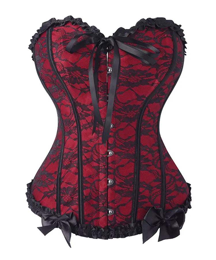 Women’s Red & Black Gothic Overbust Corset with Lace, Ruffles & Bows