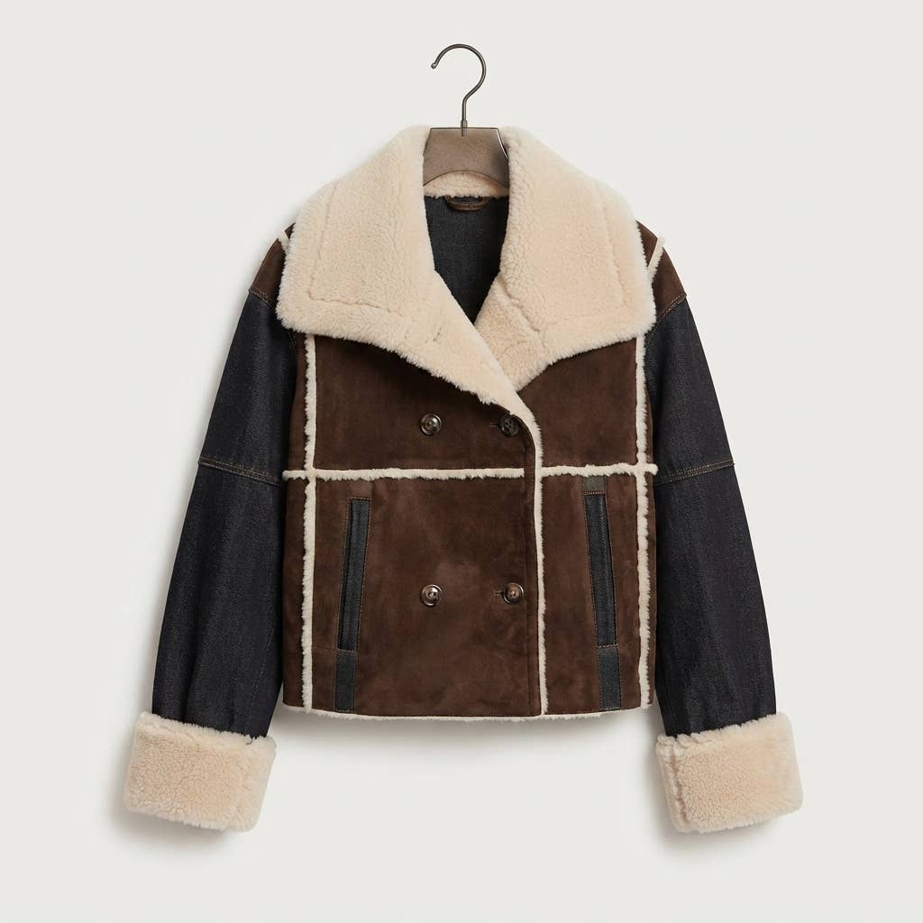 A women's shearling and denim jacket hanging on a wooden hanger against a light gray background. The jacket features dark brown suede panels, dark denim sleeves, and thick cream-colored shearling lining on the collar, cuffs, and panel dividers.