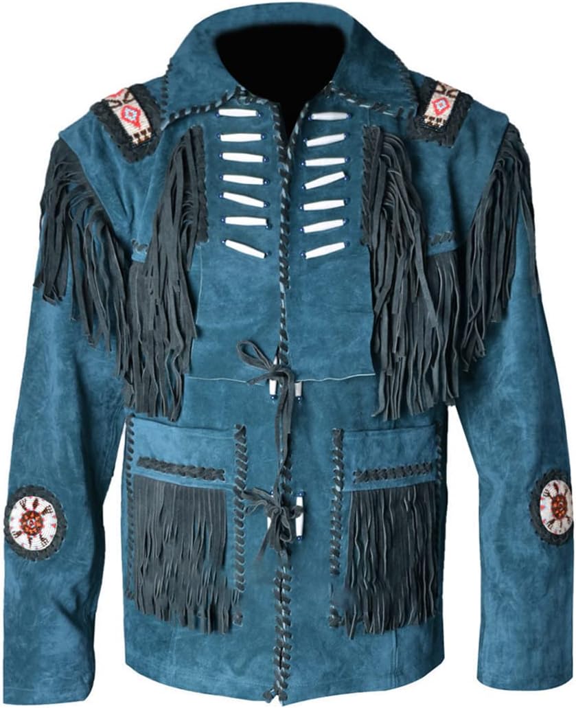 Men's Blue Suede Western Cowboy Leather Jacket With Fringe & Beaded | Best western jacket