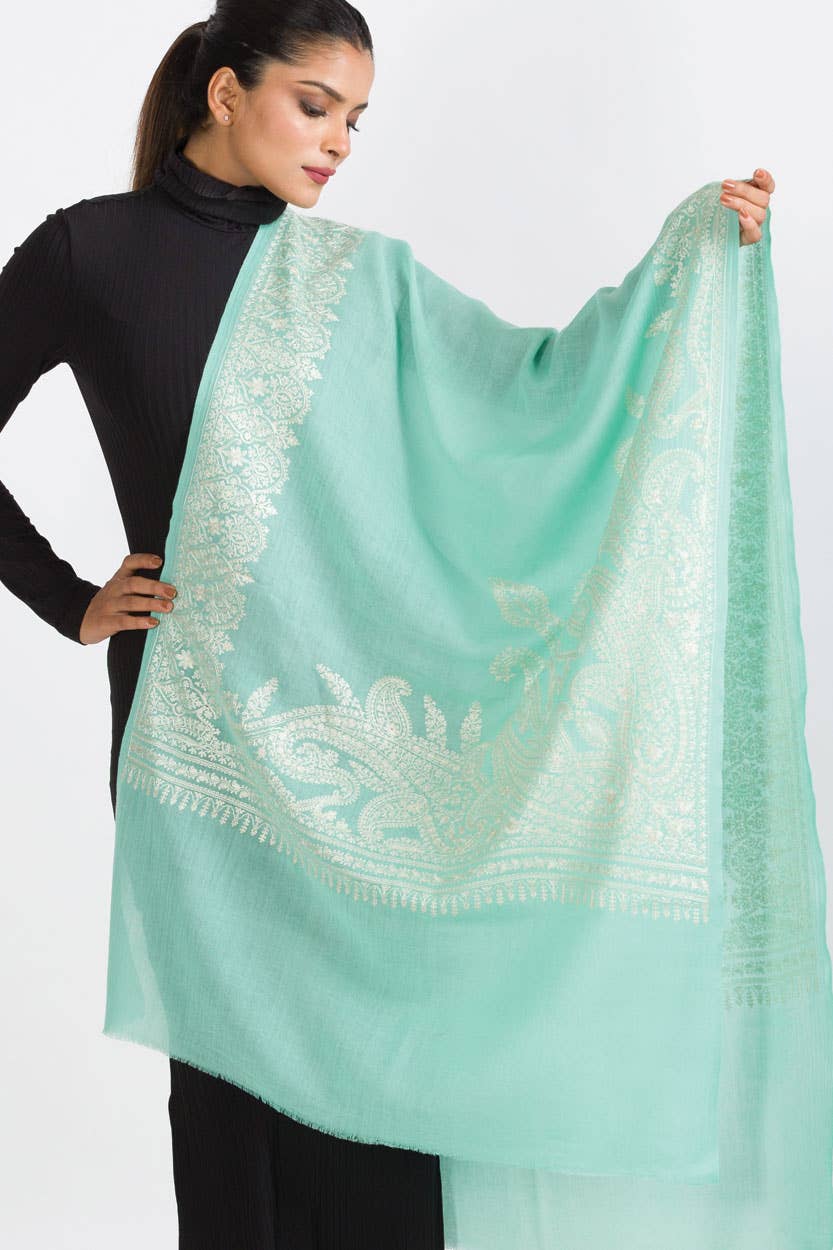 Merino Wool Embroidered Shawl Wrap – Mint Green 78"×28" (198×71 cm), Lightweight 170 g, Kashmir-Inspired Border – Cozy Autumn/Winter Scarf & Evening Stole