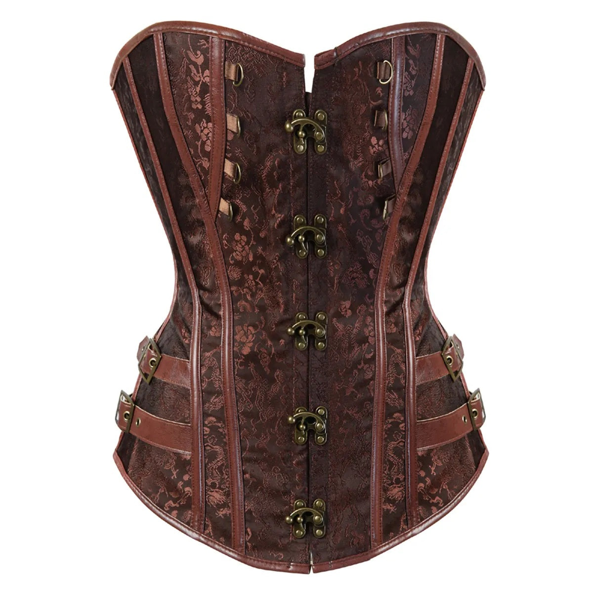 Women’s Brown Steampunk Overbust Corset, Gothic Brocade Lace-Up Bustier