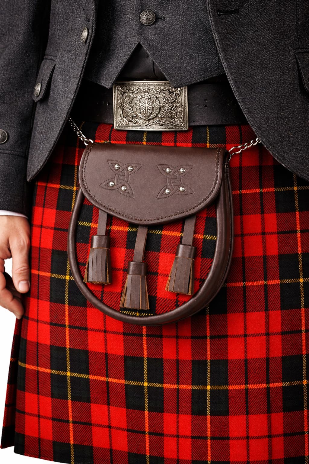 Clan Wallace Tartan Leather Sporran with Tassels – Brown Celtic Embossed Kilt Pouch – Traditional Scottish Highland Dress Accessory