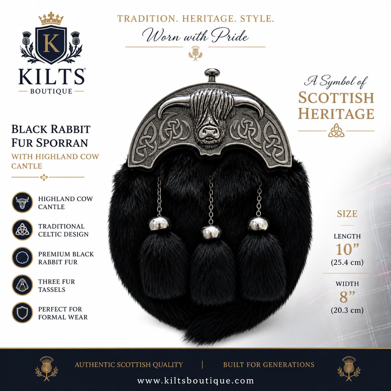 Black Rabbit Fur Full Dress Kilt Sporran with Highland Cow Cantle | Traditional Scottish Sporran