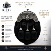 Black Rabbit Fur Full Dress Kilt Sporran with Highland Cow Cantle | Traditional Scottish Sporran