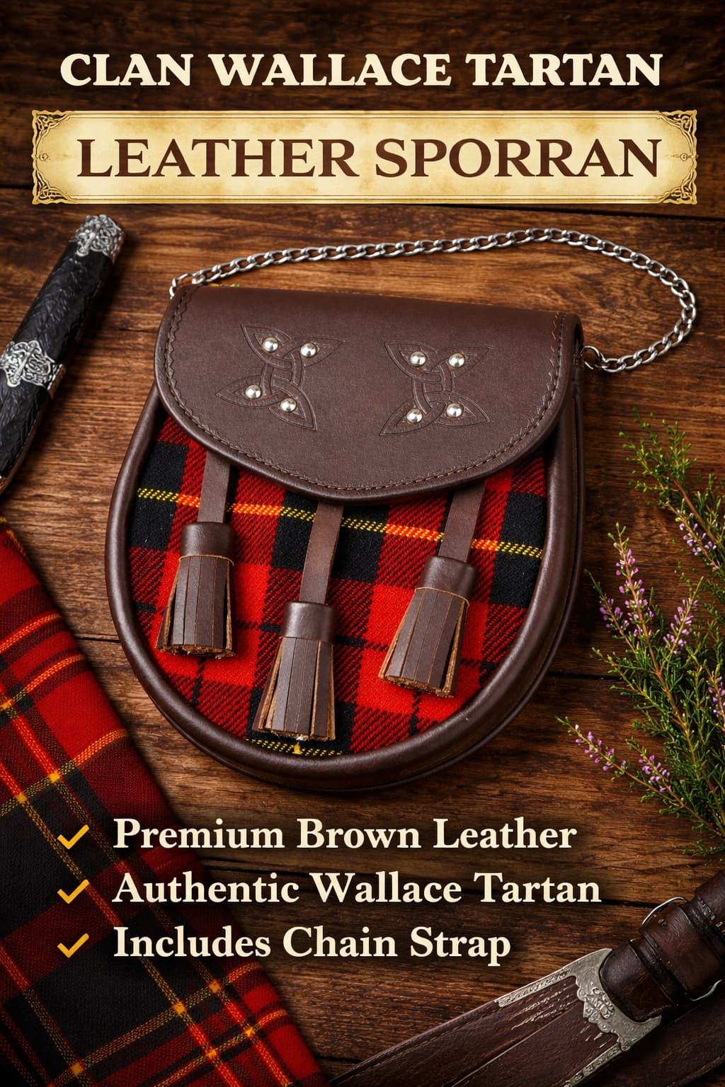 Clan Wallace Tartan Leather Sporran with Tassels – Brown Celtic Embossed Kilt Pouch – Traditional Scottish Highland Dress Accessory