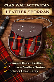 Clan Wallace Tartan Leather Sporran with Tassels – Brown Celtic Embossed Kilt Pouch – Traditional Scottish Highland Dress Accessory