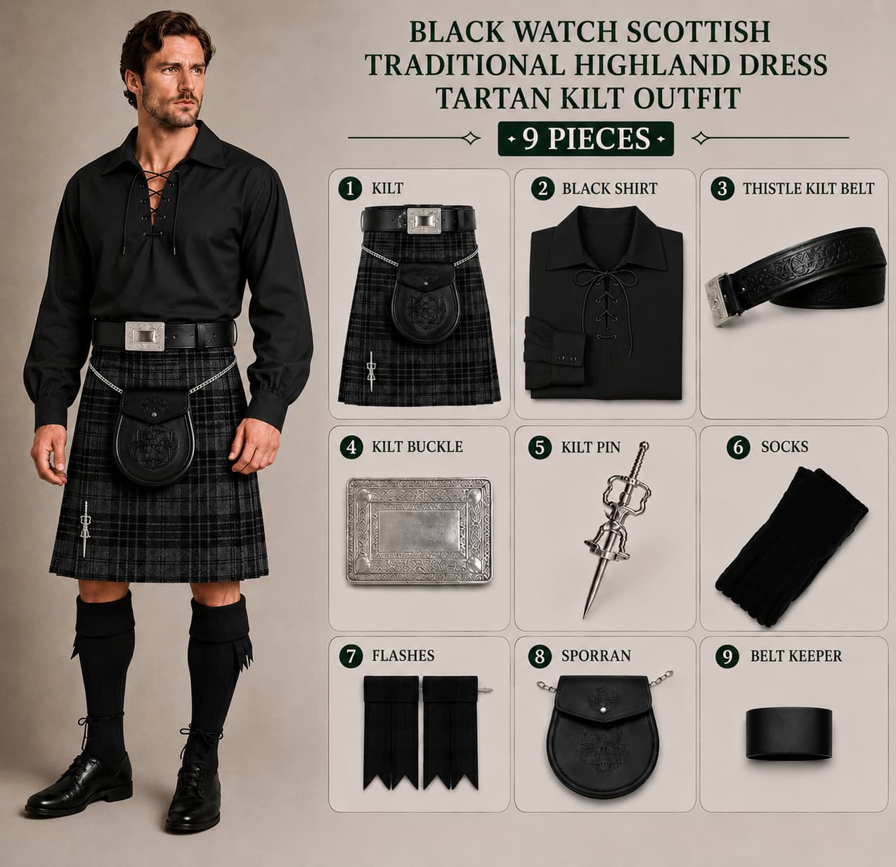 Black Watch Scottish Traditional Highland Dress Tartan Kilt Outfit – 9 Pieces