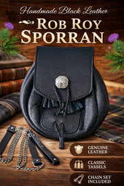 Handmade Black Leather Rob Roy Sporran with Chain Set