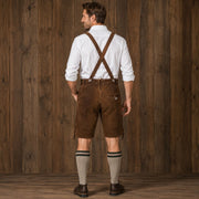Men’s Traditional Brown Suede Leather Lederhosen Shorts with Embroidered Suspenders, Bavarian Oktoberfest German Beer Festival Outfit