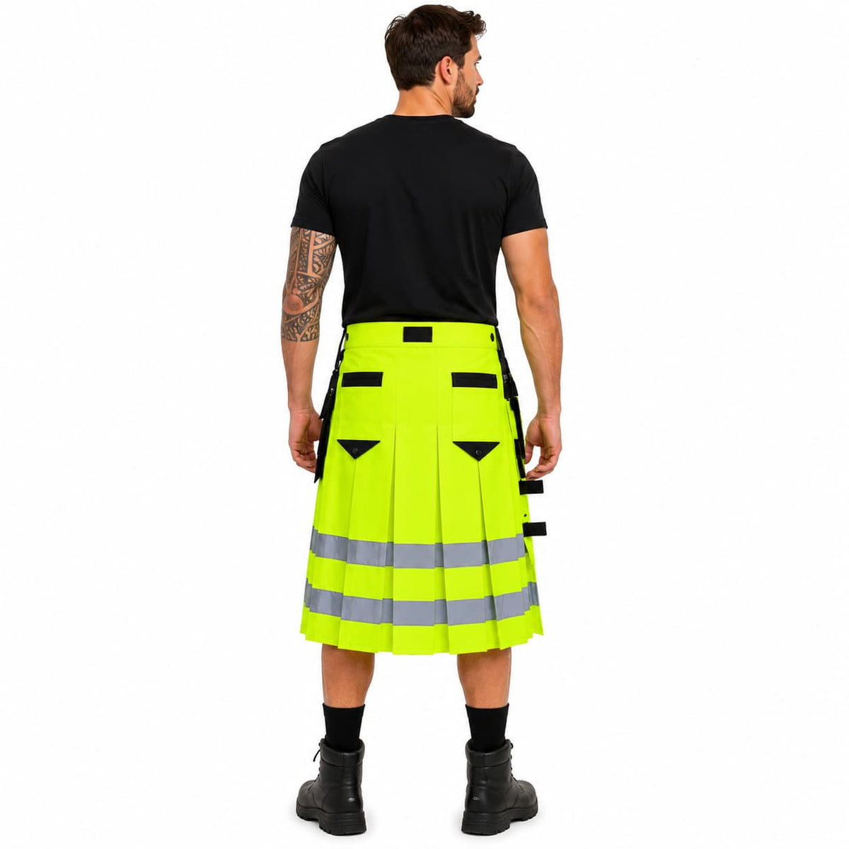 Neon Green Hi-Vis Utility Work Kilt for Men | Reflective Safety Tape Workwear Kilt with Cargo Pockets