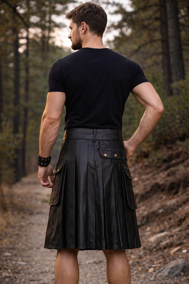 Men’s Black Genuine Leather Utility Kilt – Gothic Cargo Festival Kilt with Buckle Straps