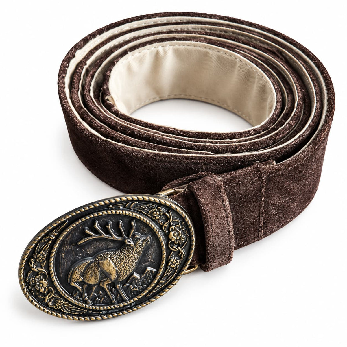 Bavarian Trachten Men’s Genuine Leather Belt with Antique Stag Buckle