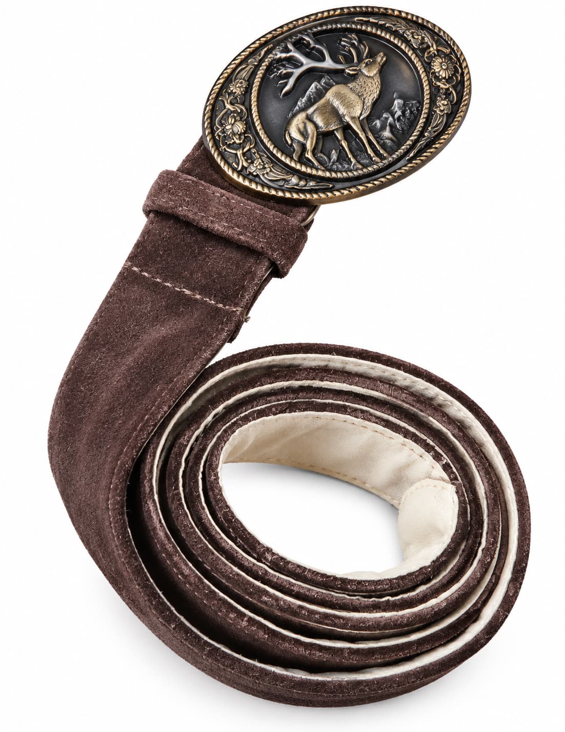 Bavarian Trachten Men’s Genuine Leather Belt with Antique Stag Buckle