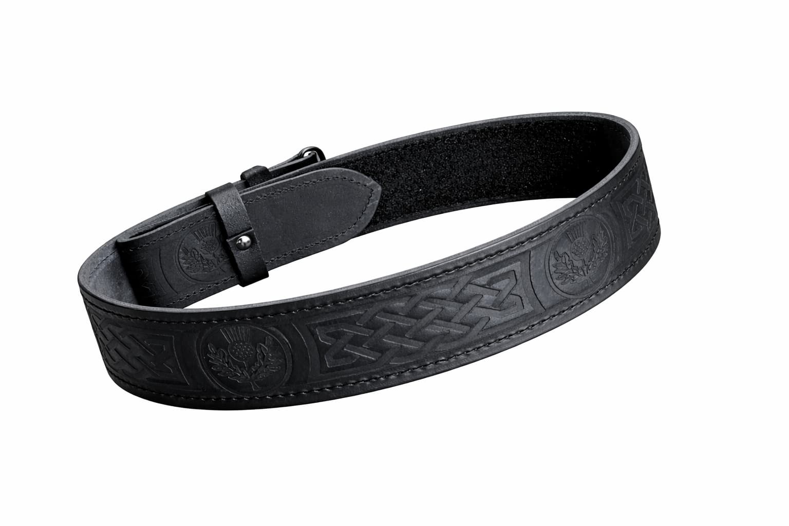 Black Leather Kilt Belt Celtic Embossed Scottish Thistle Highland Belt