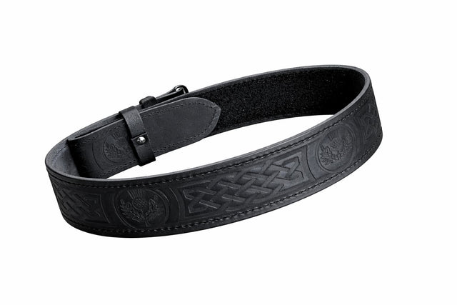 Black Leather Kilt Belt Celtic Embossed Scottish Thistle Highland Belt